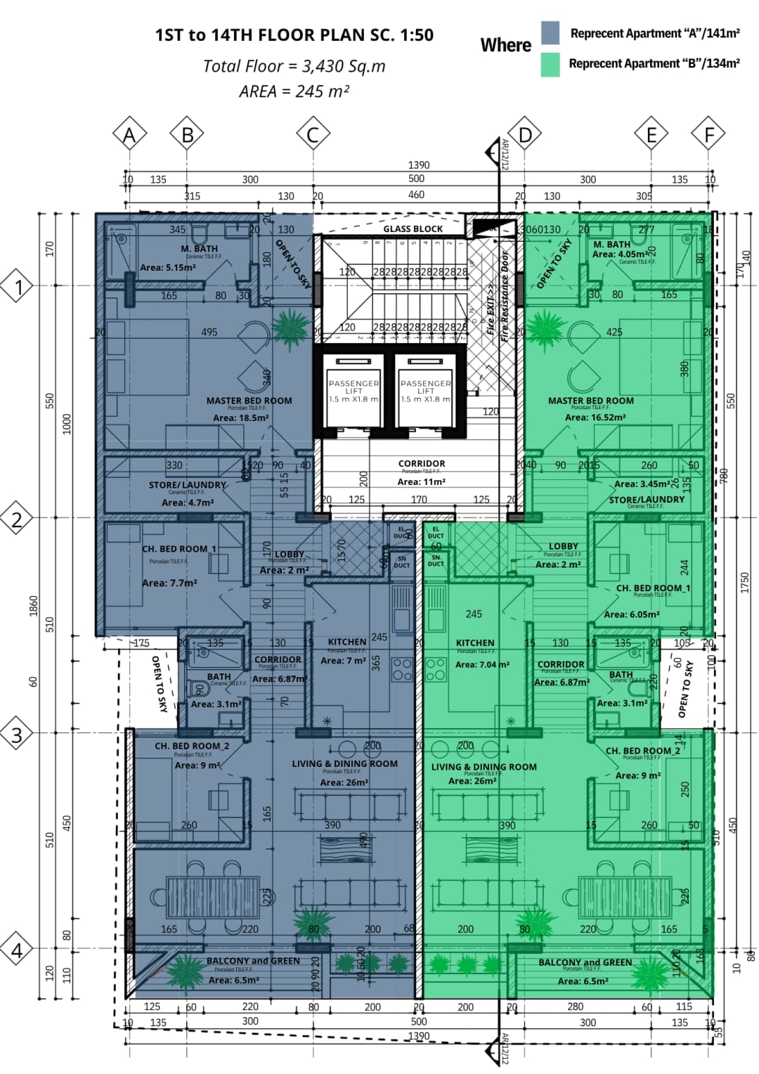Building floor plan (1st–14th floor)